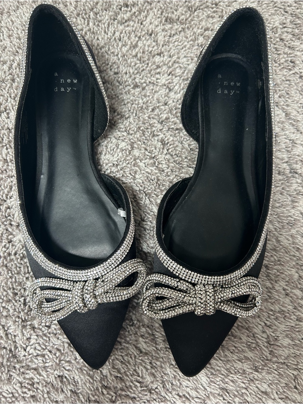 a new day Black Pointed Toe Flats with Crystal Bow Trim